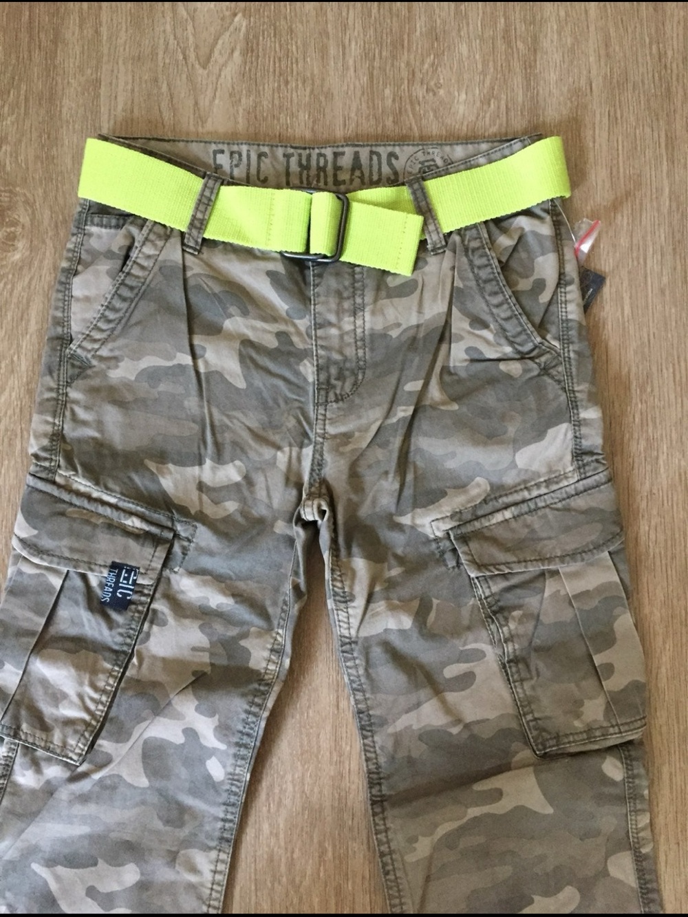 Epic Threads Boys' Tan Green Camo Cargo Pants with Neon Yellow Belt